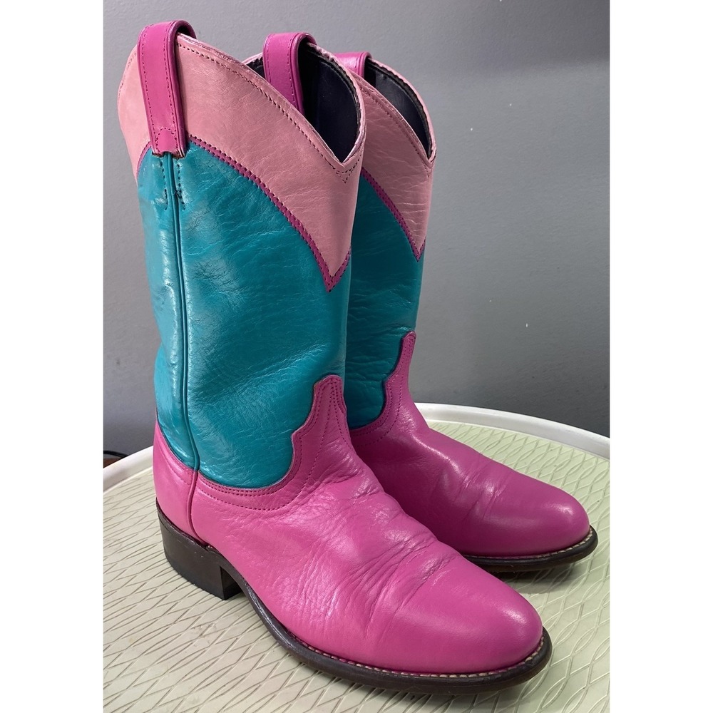 Laredo Women Painted Leather Western Cowboy Boots Cowgirl Riding Teal/Pink 6.5M